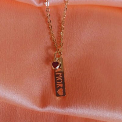 Colar Amor com Pingente Coração Vermelho Banhado A Ouro 18k