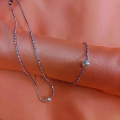 Pulseira Riviera com Pérola Banhado a Ródio Branco