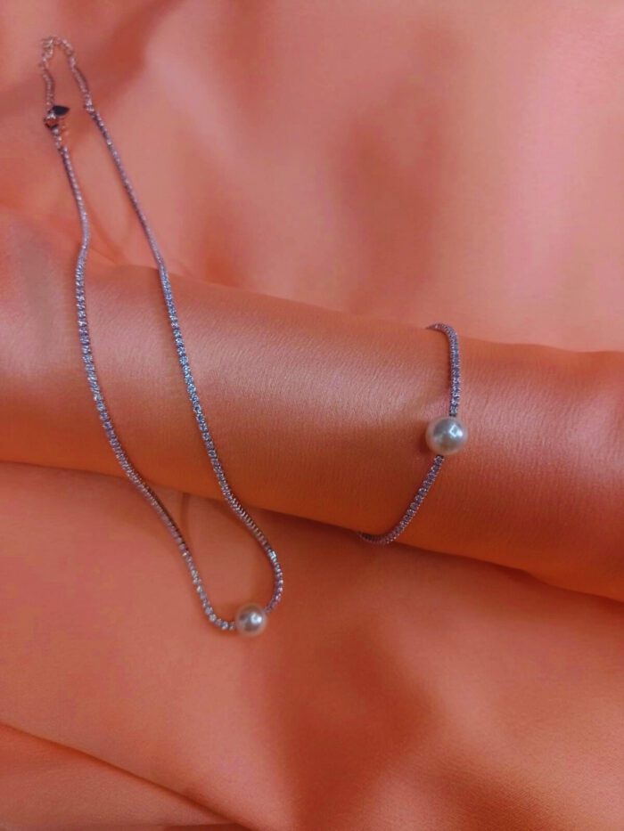 Pulseira Riviera com Pérola Banhado a Ródio Branco