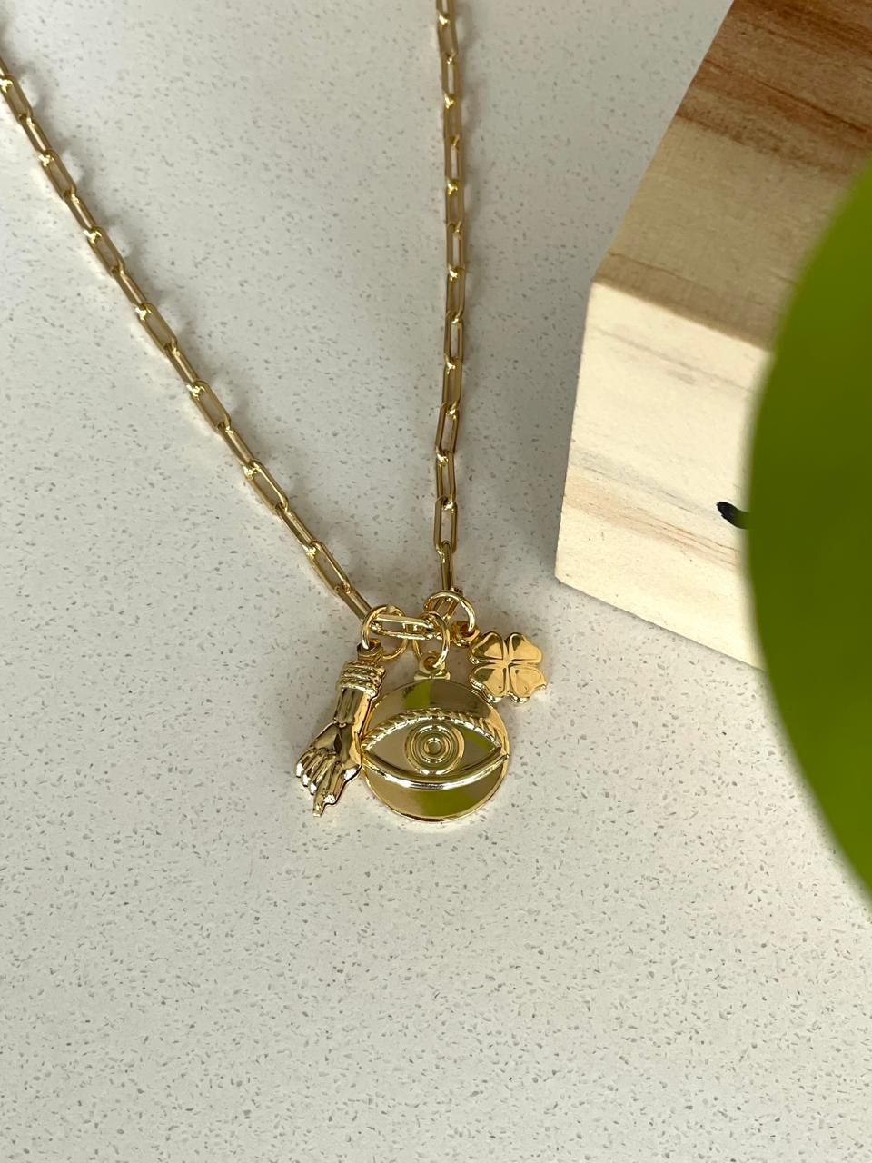 Colar Patuá Olho Grego e Trevo da Sorte Banhado a Ouro 18K - Imagem 2
