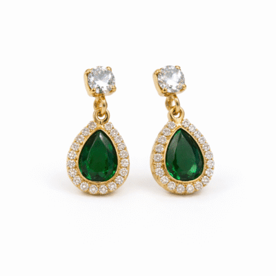 Brinco Gota Verde Cravejado Banhado A Ouro 18k