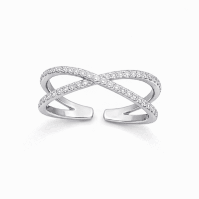 Anel Cruzado Cravejado Banhado A Ródio Branco