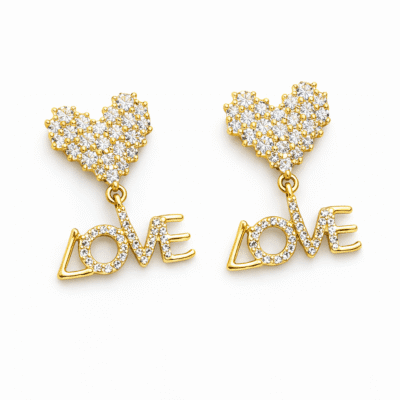Brinco Coração Love Cravejado Banhado a Ouro 18K