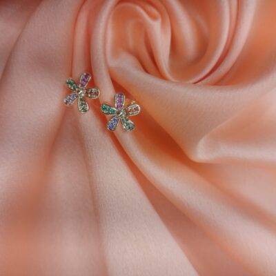 Brinco Flor Cravejado Colorido Banhado A Ouro 18K