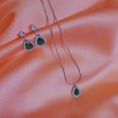 Conjunto Colar E Brinco Gota Zircônia Verde - Banhado A Ródio Branco
