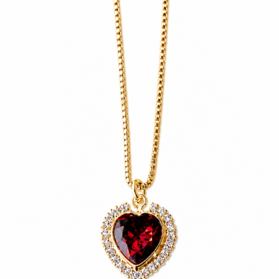 Colar Coração Cravejado com Zircônia Vermelho Banhado A Ouro 18K
