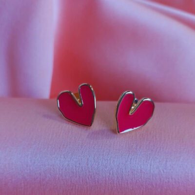 Brinco de Coração Rosa Banhado a Ouro 18K