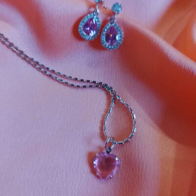 Conjunto Colar e Brinco Gota Rosa em Ródio Branco