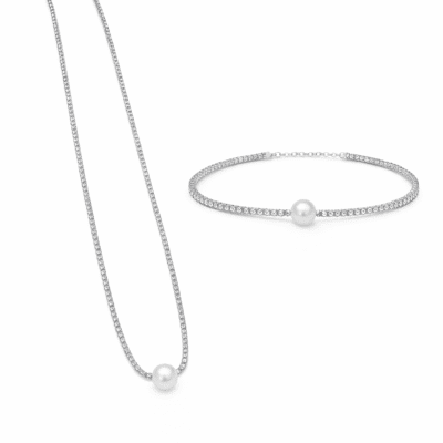 Conjuntos Colar e Pulseira Riviera com Pérola Banhado a Ródio Branco