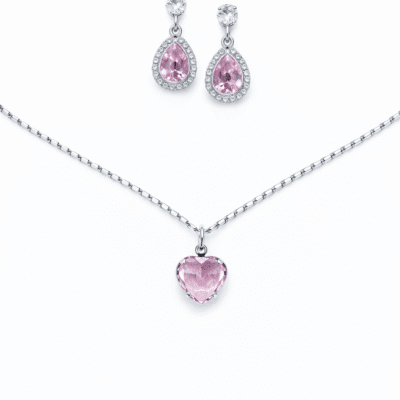 Conjunto Colar e Brinco Gota Rosa em Ródio Branco