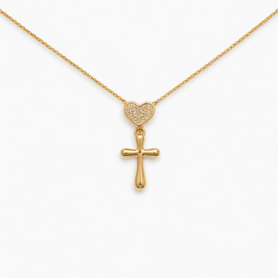 Colar Cruz e Coração Cravejado Banhado a Ouro 18k