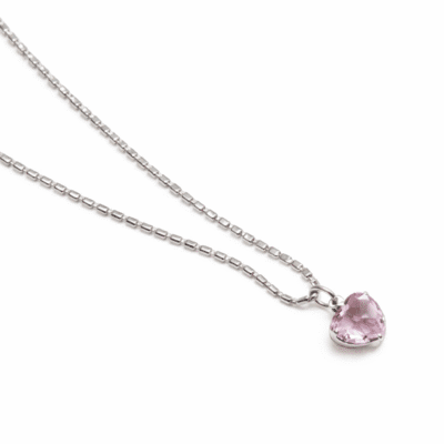 Colar Coração de Vidro Rosa em Ródio Branco