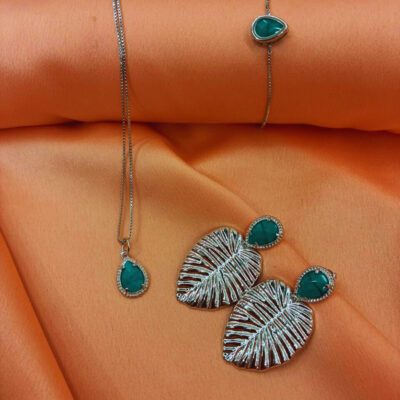 Conjunto Colar e Pulseira Banhados a Ródio com Gota em Resina Turquesa