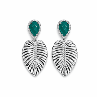 Brinco Folha Resina Turquesa Banhado Ródio Branco