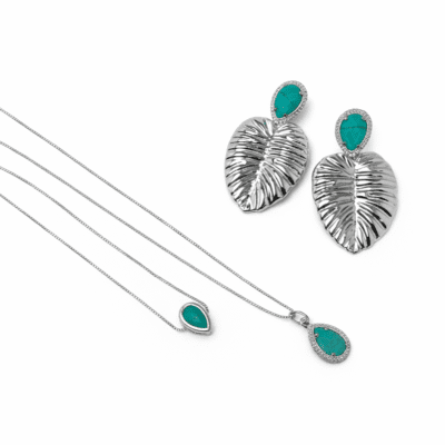 Conjunto Colar e Pulseira Banhados a Ródio com Gota em Resina Turquesa