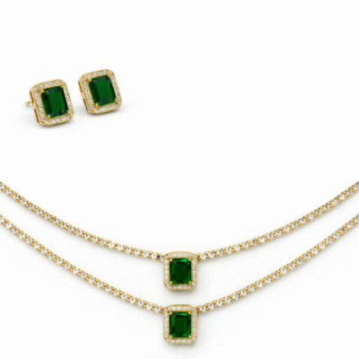 Conjunto Riviera Colar e Brinco com Zircônias Esmeralda – Banho Ouro 18K