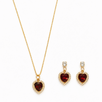 Conjunto Colar e Brinco Coração Zircônia Vermelha – Banhado a Ouro 18K