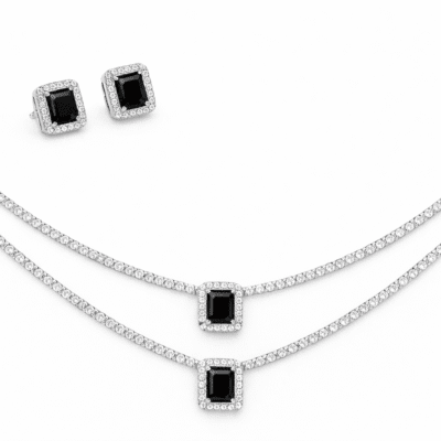 Conjunto Riviera Colar e Brinco Onix  – Banho Ródio Branco