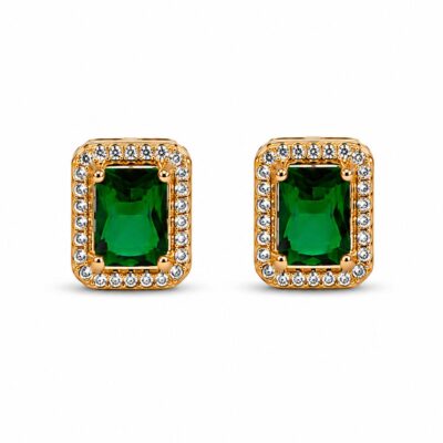 Brinco Retangular Verde Esmeralda Cravejado – Banhado a Ouro 18k