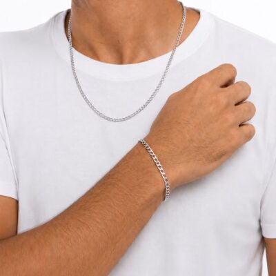 Conjunto Colar e Pulseira Elo Grumet Banho Ródio Branco