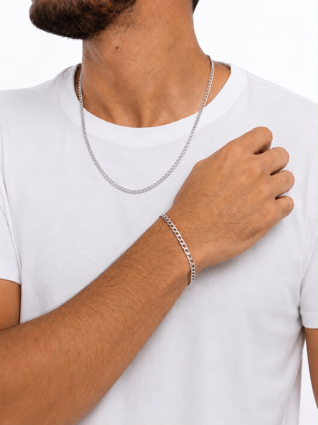 Conjunto Colar e Pulseira Elo Grumet Banho Ródio Branco