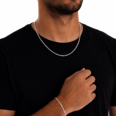 Conjunto Masculino Colar e Pulseira Banhado Ródio Branco