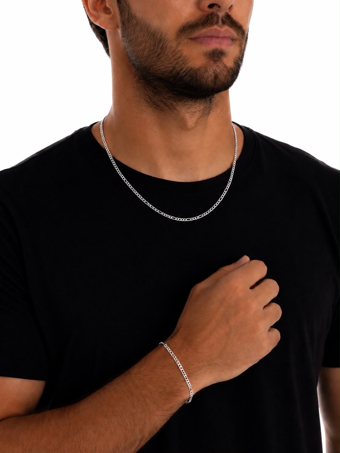 Conjunto Masculino Colar e Pulseira Banhado Ródio Branco