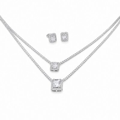 Conjunto Riviera Colar e Brinco com Zircônias  – Banho Ródio Branco