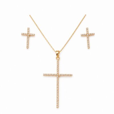 Conjunto Colar e Brinco Crucifixo em Ouro 18K