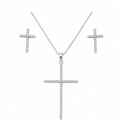 Conjunto Colar e Brinco Crucifixo em Ródio Branco