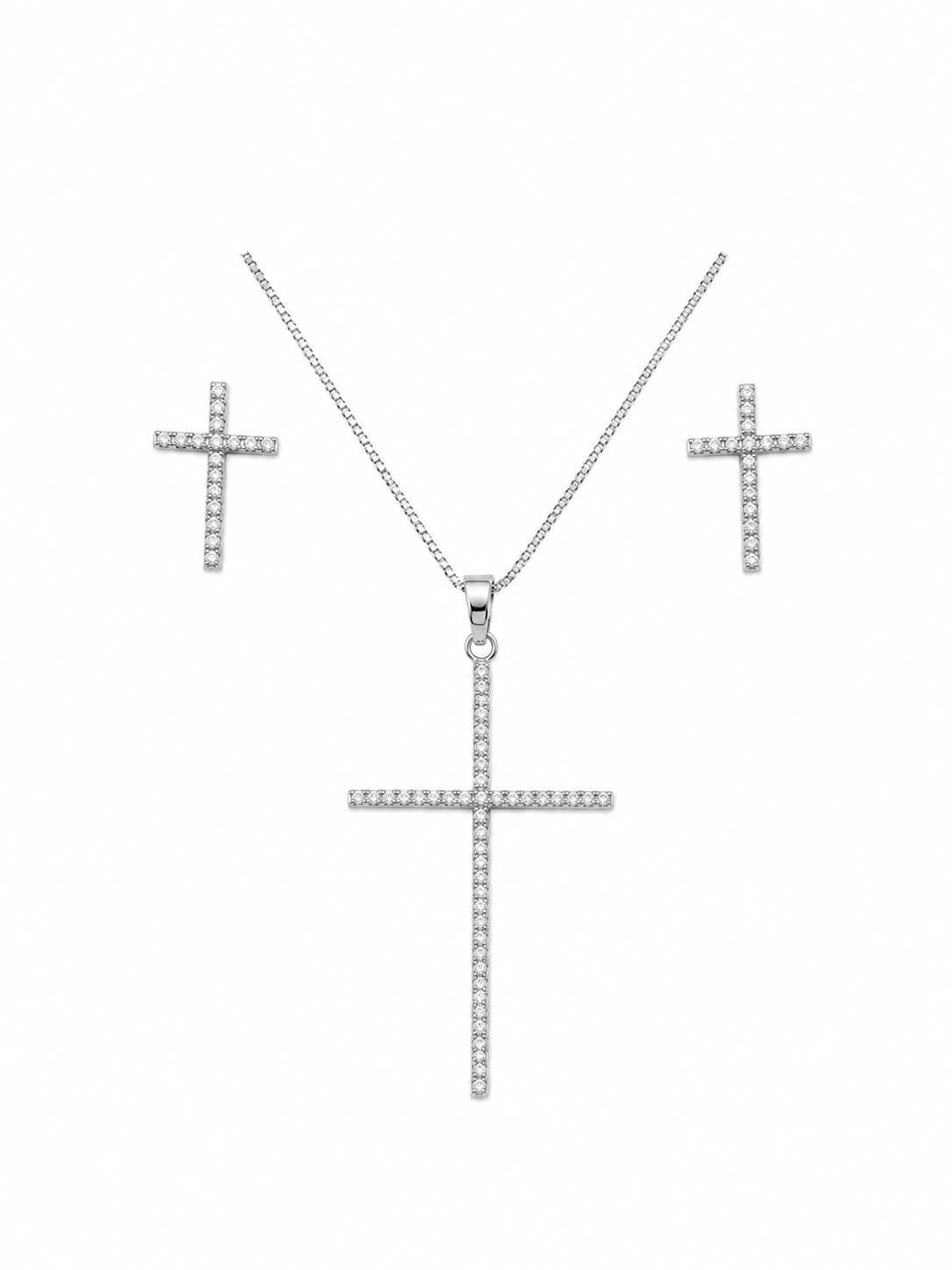 Conjunto Colar e Brinco Crucifixo em Ródio Branco