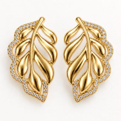 Brinco Folha Cravejado Banhado a Ouro 18k