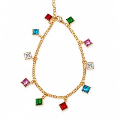 Pulseira Cristais Coloridos Banhada a Ouro 18K