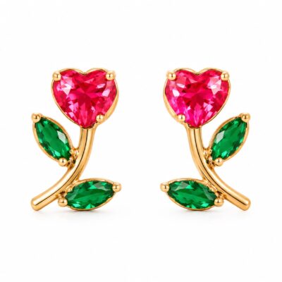 Brinco Flor Kristal Vermelho e Verde Banhado a Ouro 18K