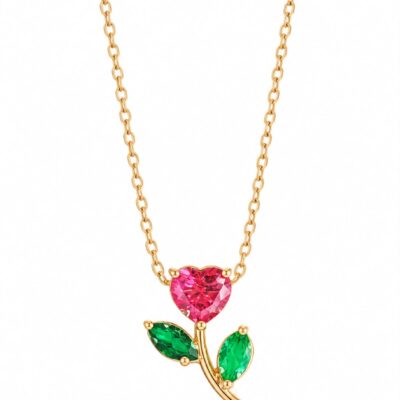Colar Flor de Kristal Vermelho e Verde Banhado a Ouro 18K