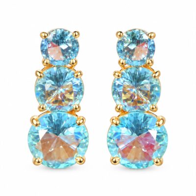 Brinco Três em Um Kristal Azul-Céu Banhado a Ouro 18K
