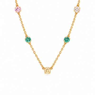 Colar Cinco Pontos de kristais Coloridos Banhado a Ouro 18K