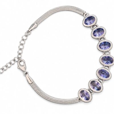 Pulseira com Kristais Ovais Roxos Banhado a Ródio Branco