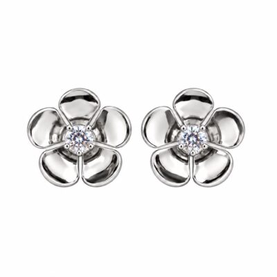 Brinco Flor com Zircônia Cristal Banhado a Ródio Branco
