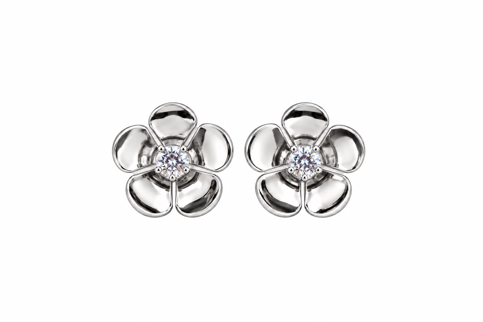 Brinco Flor com Zircônia Cristal Banhado a Ródio Branco