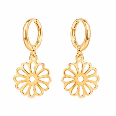 Brinco Clique com Pingente de Flor Banhado a Ouro 18K